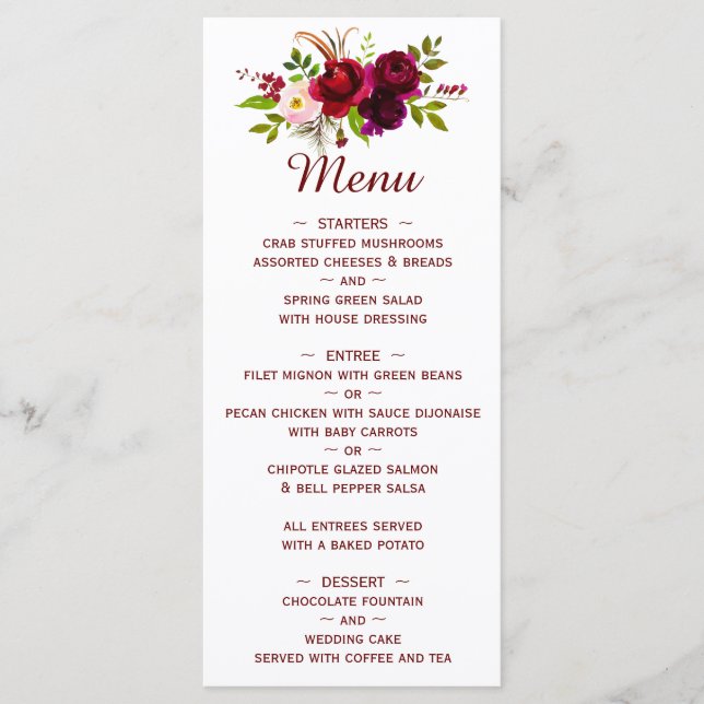 Elegant Script Watercolor Burgundy Floral Menu (Front)