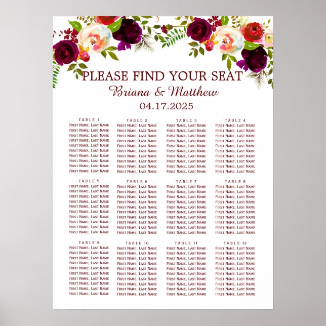 Elegant Script Watercolor Burgundy Floral Poster (Front)