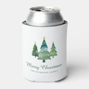 Elegant Script Watercolor Christmas Trees Can Cooler
