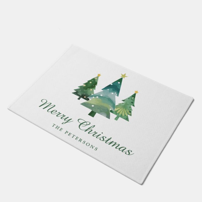 Elegant Script Watercolor Christmas Trees Doormat (Angled)