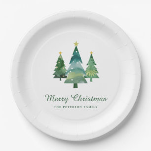 Elegant Script Watercolor Christmas Trees Paper Plate