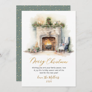 Elegant Script Watercolor Fireplace Christmas Holiday Card