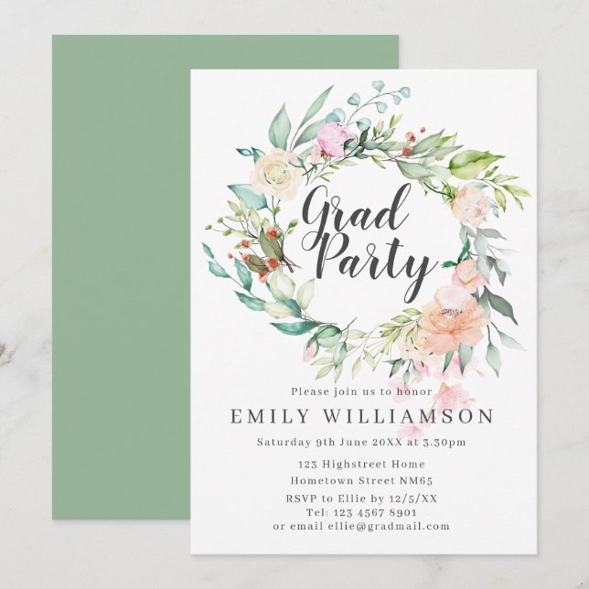 Elegant Script Watercolor Floral Graduation Party Invitation (Front/Back)