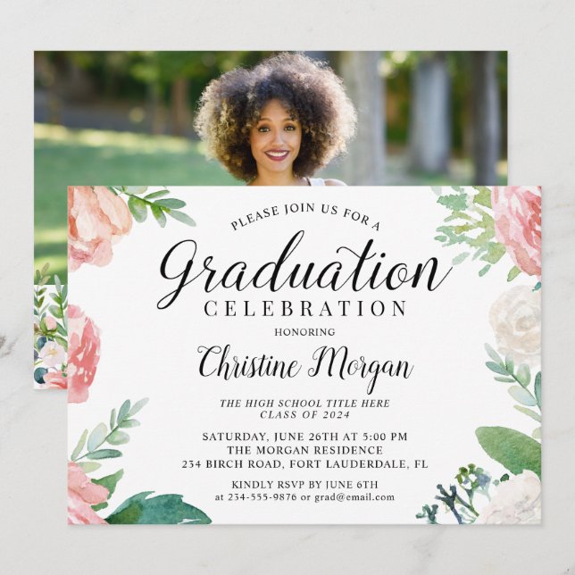 Elegant Script Watercolor Floral Photo Graduation Invitation (Front/Back)