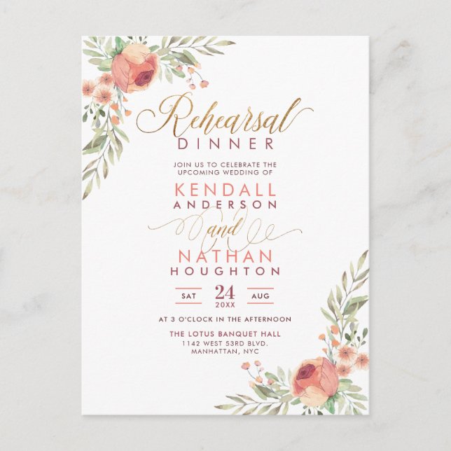Elegant Script Watercolor Floral Rehearsal Dinner Invitation Postcard (Front)