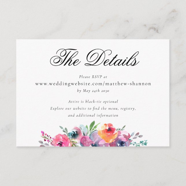 Elegant Script Watercolor Floral Wedding Details Enclosure Card (Front)