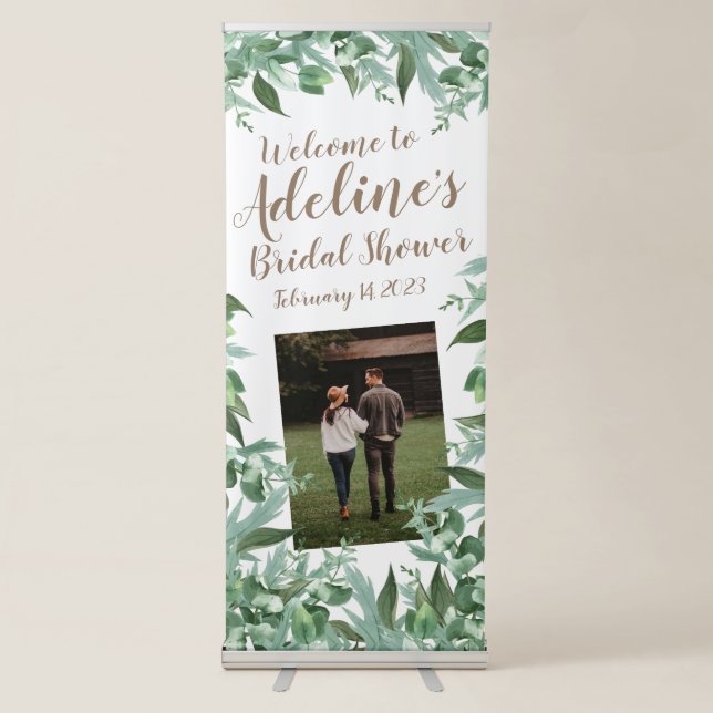 Elegant Script Watercolor Greenery Bridal Shower Retractable Banner (Front)