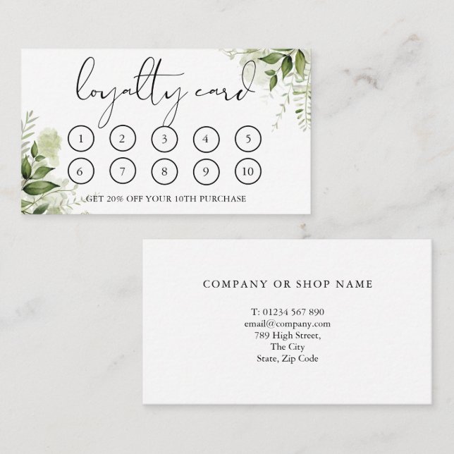 Elegant Script Watercolor Greenery Floral Loyalty Card (Front/Back)