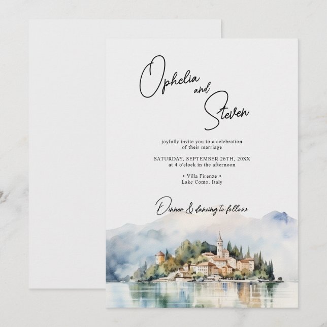 Elegant Script Watercolor Lake Como Italy Wedding Invitation (Front/Back)
