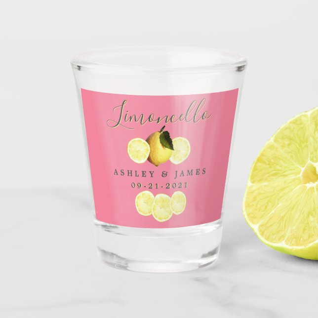 Elegant Script Watercolor Lemon Wedding Limoncello Shot Glass (Front)