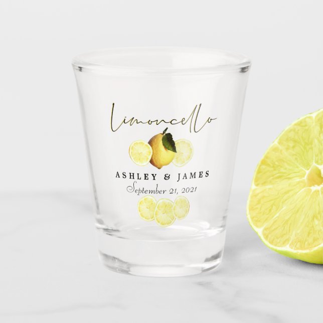 Elegant Script Watercolor Lemon Wedding Limoncello Shot Glass (Front)
