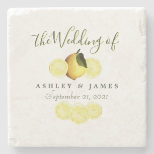 Elegant Script Watercolor Lemon Wedding Limoncello Stone Coaster