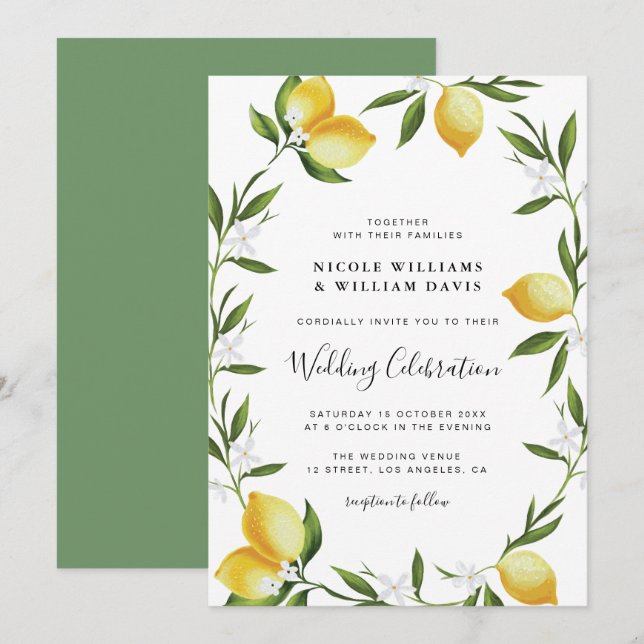 Elegant script watercolor lemons wedding invitation (Front/Back)