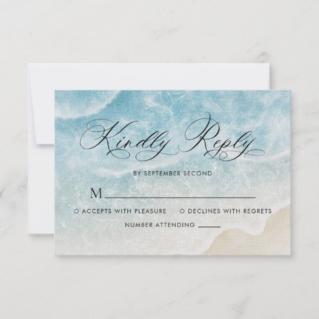 Elegant Script Watercolor Ocean Beach Wedding RSVP Card (Front)