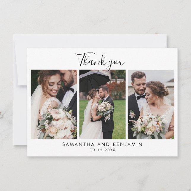 Elegant Script Wedding 3 Photos Thank You Card (Front)