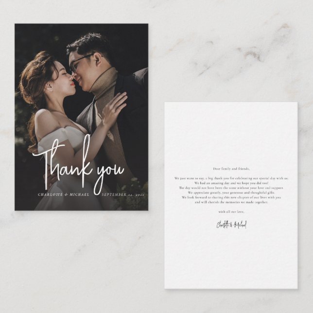 Elegant Script Wedding Day Photo Thank You Card (Front/Back)
