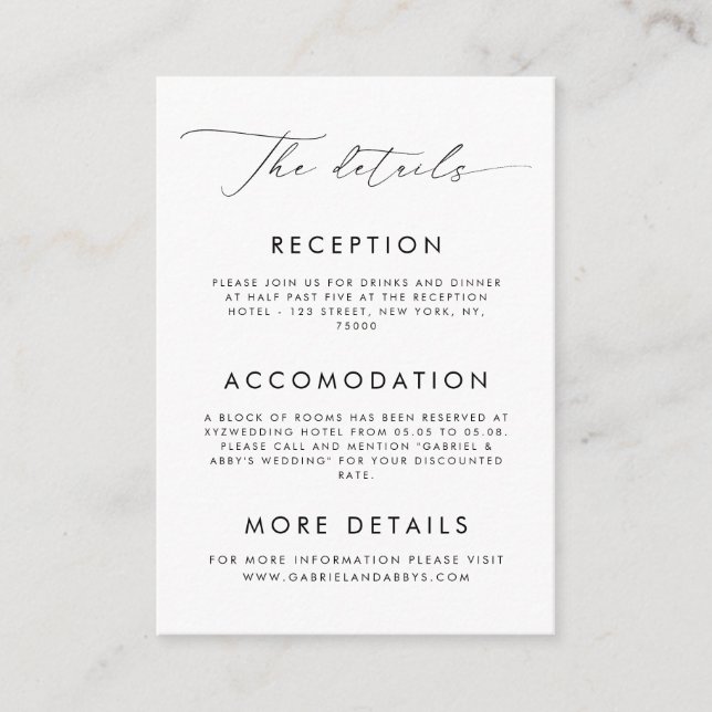 Elegant Script Wedding Details Minimalist White Enclosure Card (Front)