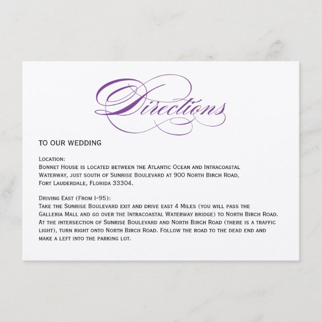 Elegant Script  Wedding Directions - Purple Enclosure Card (Front)