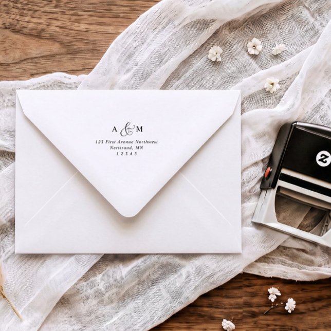 Elegant Script Wedding Envelope Return Address Self-inking Stamp (Luxury calligraphy wedding return address stamp with couple initials and elegant ampersand)