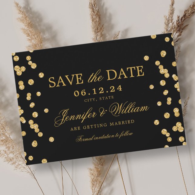 Elegant Script Wedding Gold Confetti Black Save The Date (Creator Uploaded)