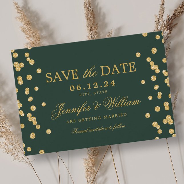 Elegant Script Wedding Gold Confetti Emerald Green Save The Date (Elegant Script Wedding Gold Confetti Emerald Green Save The Date)