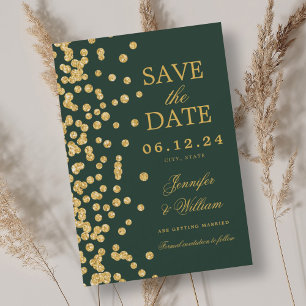 Elegant Script Wedding Gold Confetti Emerald Green Save The Date