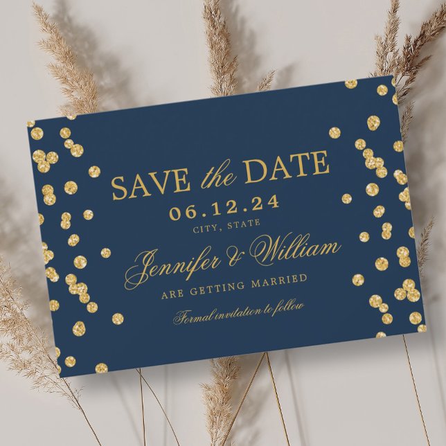 Elegant Script Wedding Gold Confetti Navy Blue  Save The Date (Elegant Script Wedding Gold Confetti Navy Blue Save The Date)