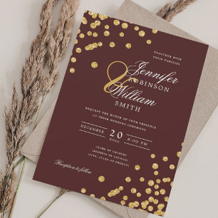 Elegant Script Wedding Gold Confetti QR Burgundy  Invitation