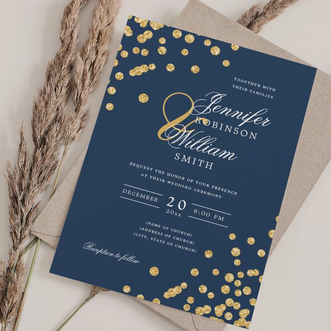 Elegant Script Wedding Gold Confetti QR Navy Blue  Invitation (Elegant Script Wedding Gold Confetti QR Navy Blue Invitation)