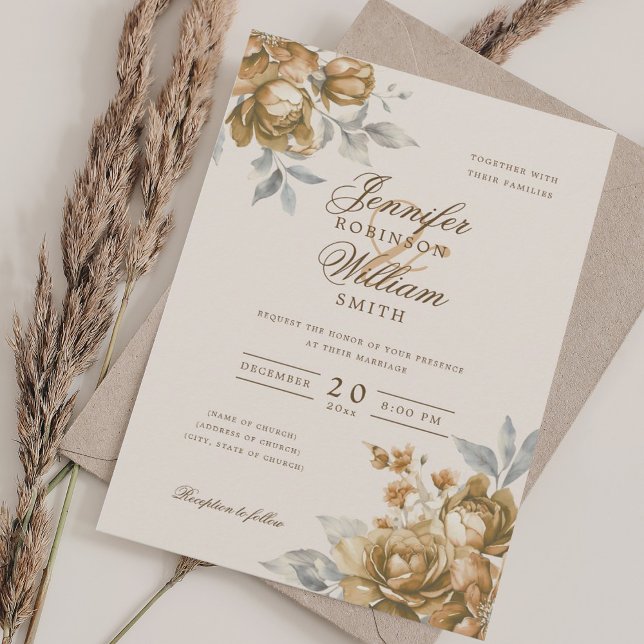 Elegant Script Wedding Gold Floral  Invitation (Elegant Script Wedding Gold Floral Invitation)