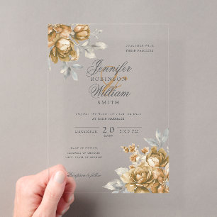 Elegant Script Wedding Gold Natural Rustic Floral Acrylic Invitations