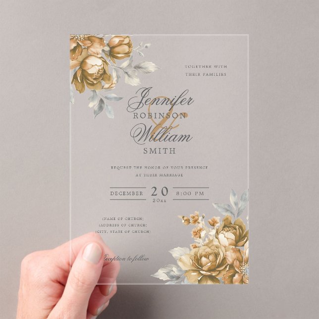 Elegant Script Wedding Gold Natural Rustic Floral  Acrylic Invitations (Insitu (Handheld))