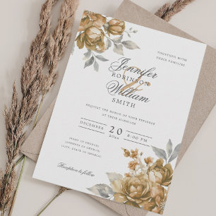 Elegant Script Wedding Gold Natural Rustic Floral  Invitation