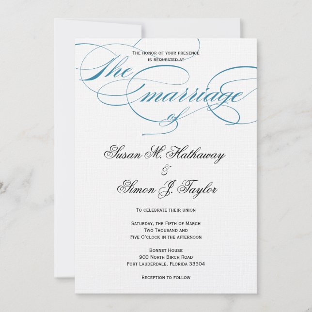 Elegant Script  Wedding Invitation - Blue (Front)
