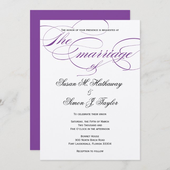 Elegant Script  Wedding Invitation - Purple (Front/Back)