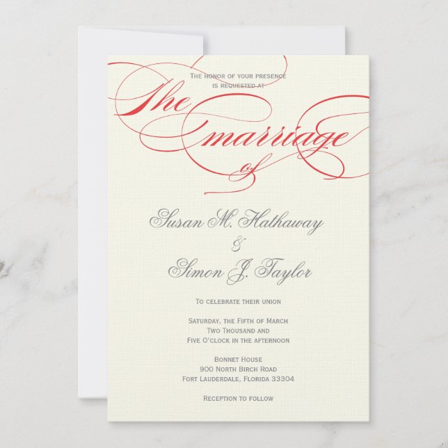 Elegant Script  Wedding Invitation  - Red (Front)