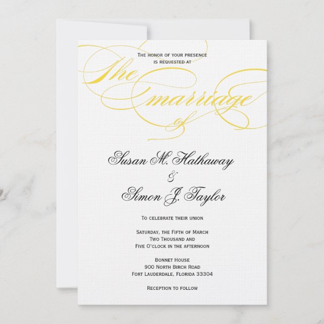 Elegant Script  Wedding Invitation - Yellow (Front)