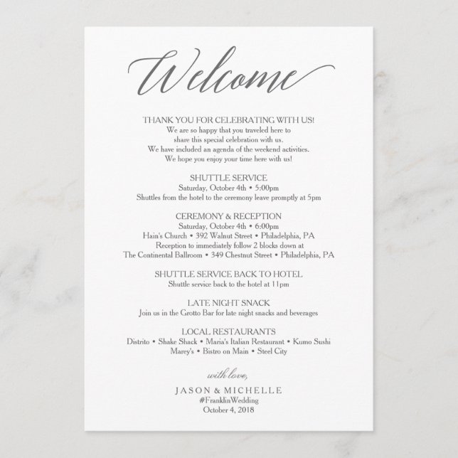 Elegant Script Wedding Itinerary - Wedding Welcome Programme (Front)