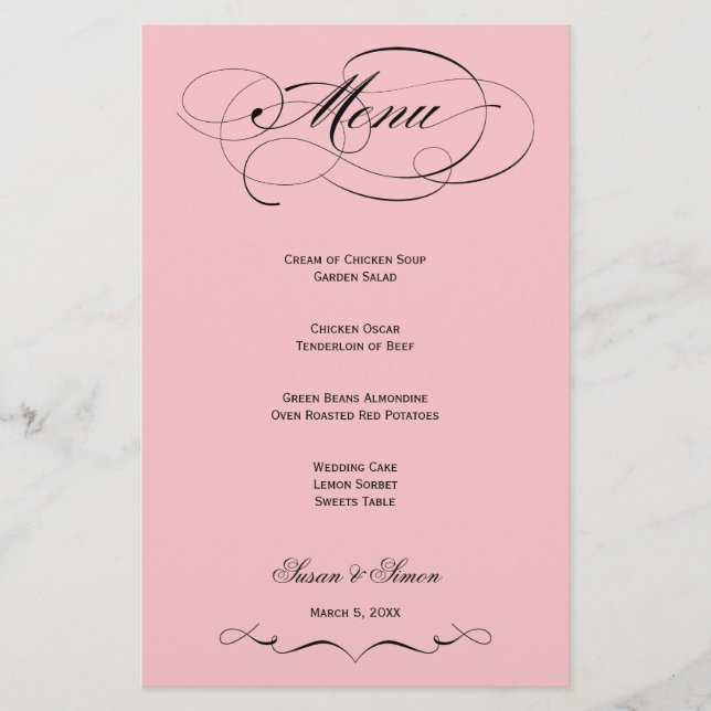 Elegant Script  Wedding Menu - Blush Pink (Front)