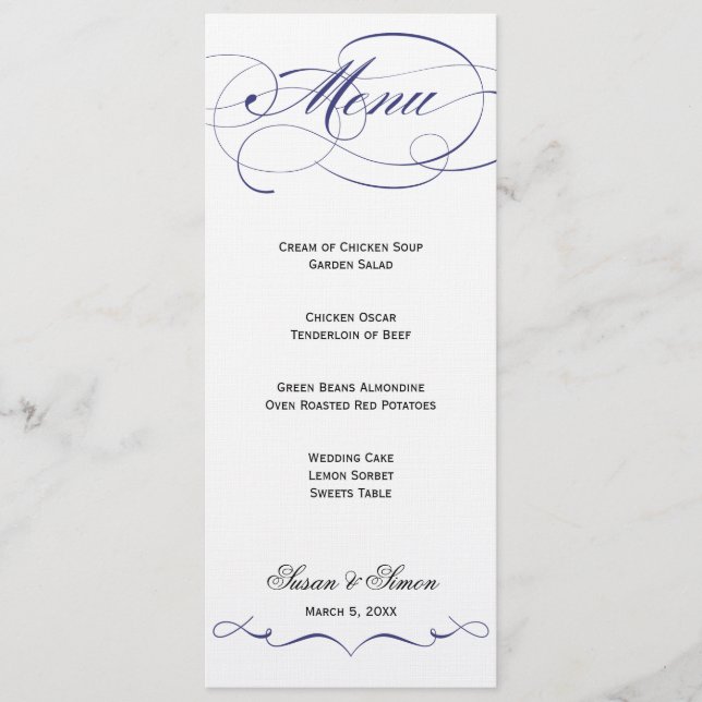 Elegant Script  Wedding Menu - Navy (Front)