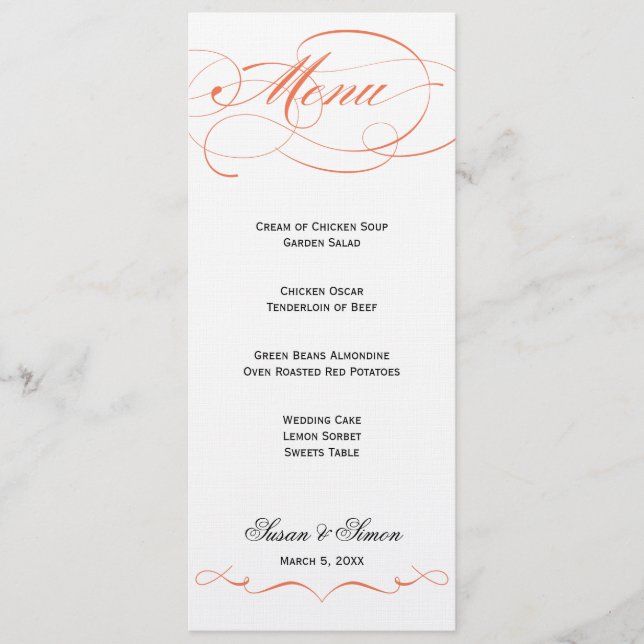 Elegant Script  Wedding Menu - Orange (Front)