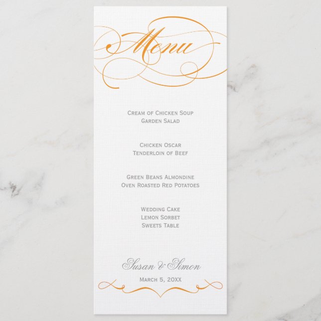 Elegant Script  Wedding Menu - Orange (Front)