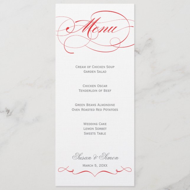 Elegant Script  Wedding Menu - Red (Front)