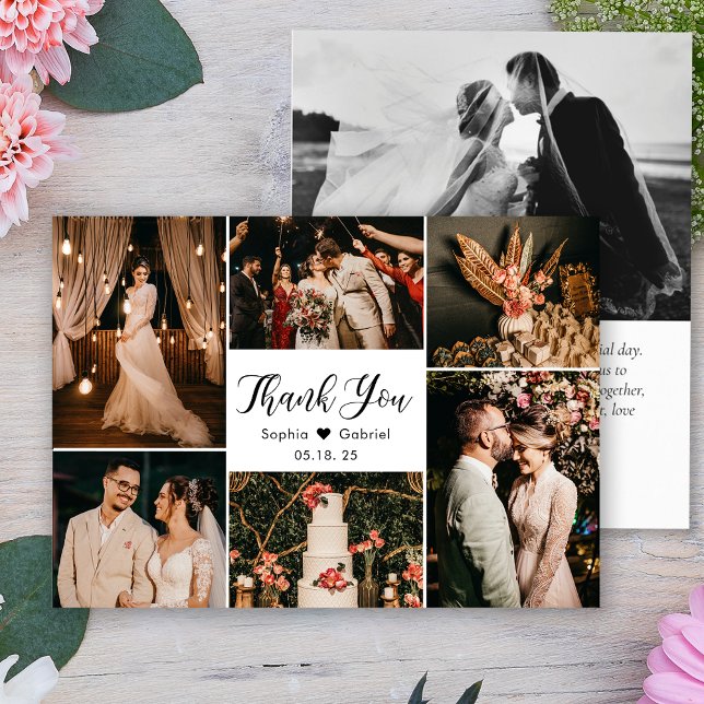 Elegant Script Wedding Multi Photo Collage Thank You Card (Creator Uploaded)