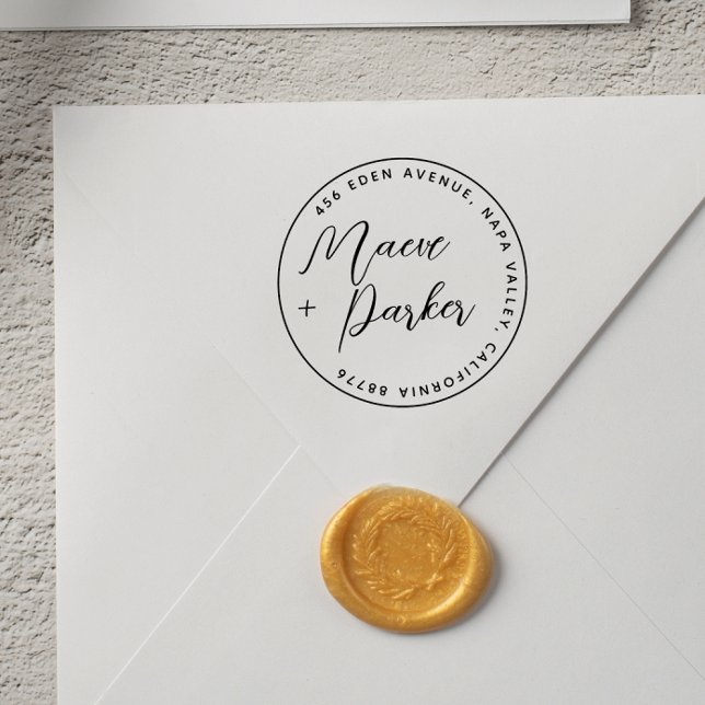 Elegant Script Wedding Names Round Return Address Rubber Stamp (Rubber Stamp Mock-up)