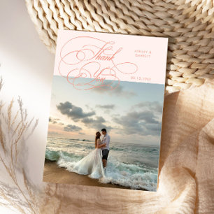 Elegant Script Wedding Photo Peach Thank You Card