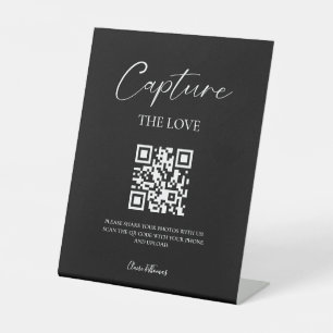 Elegant Script Wedding Photo Share QR code  Pedestal Sign