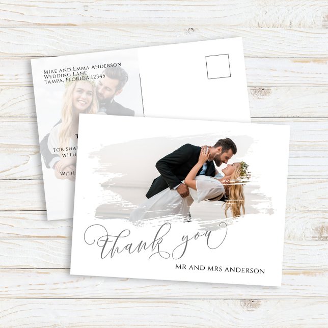 Elegant Script Wedding Photo Thank You Card (Wedding thank you cards, photo postcard template.)