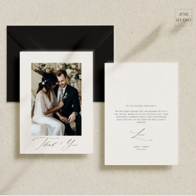 Elegant Script Wedding Photo  Thank You Card (modern wedding photo thank you card, double side thank you card, minimalist dainty script wedding)