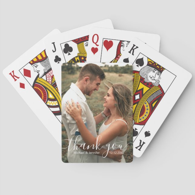 Elegant Script Wedding Photo Thank You Playing Cards (Back)